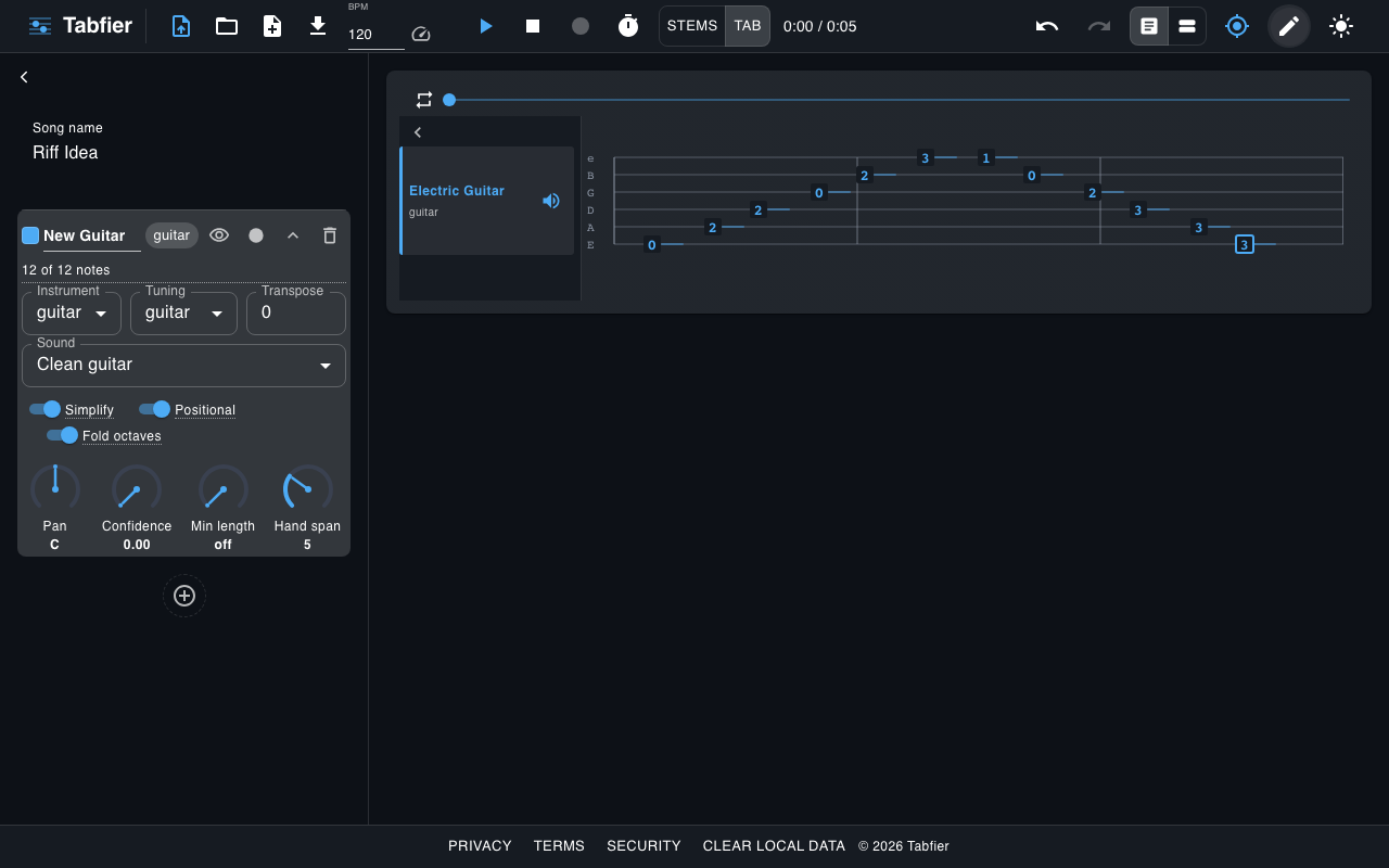 Tabfier's editor, showing a transcribed guitar riff as an editable tab staff, with instrument settings for fold octaves, positional fret assignment, and hand span